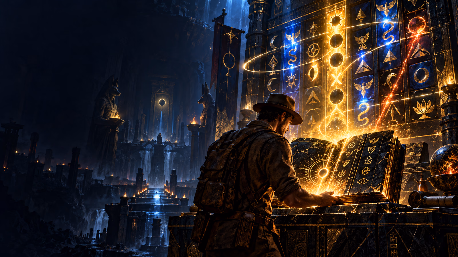 Original fictional desert archive with a living gold book, illuminated picker wall and expanding symbols across abstract reels