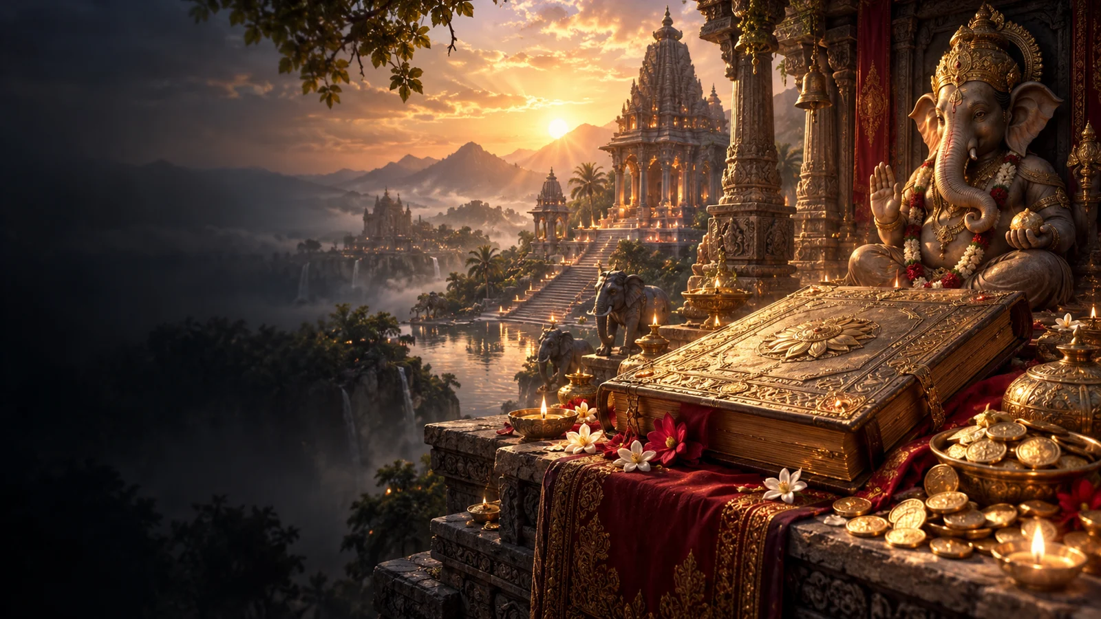 Original fantasy artwork of a sacred golden book and an elephant-headed temple guardian at sunrise