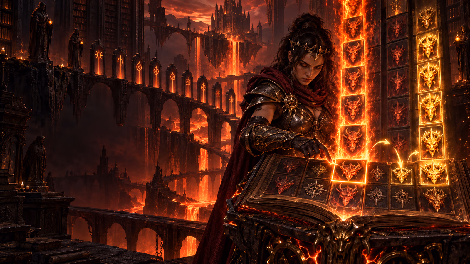 Original infernal archive with armoured explorer, living book, marked rune and expanding fiery reel columns