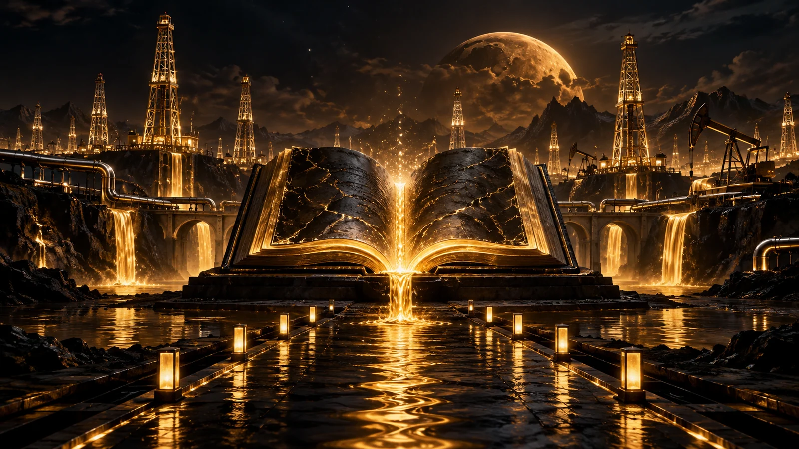 Original editorial artwork of an obsidian book emitting golden light across an oil field