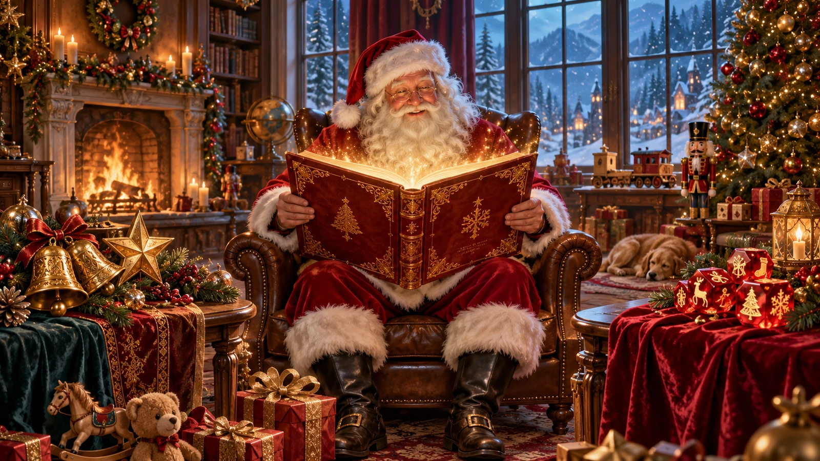 Original editorial artwork of Santa reading a glowing book beside bells stars and ruby festive dice
