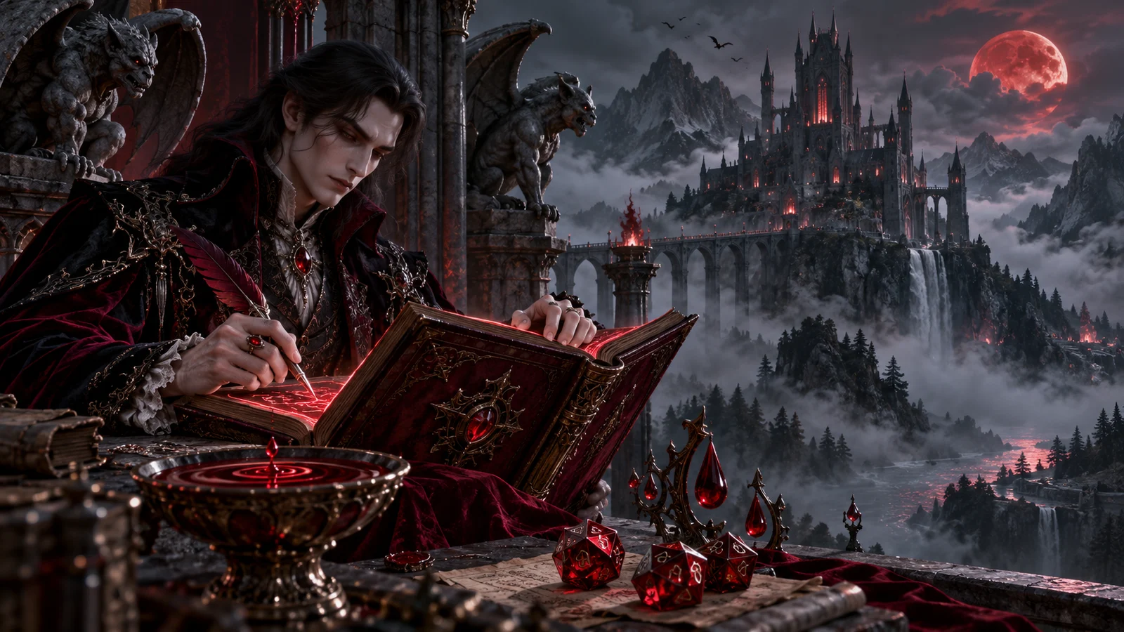 Original gothic artwork of a vampire writing in a spellbook beside blood drops, ruby dice and a mountain castle