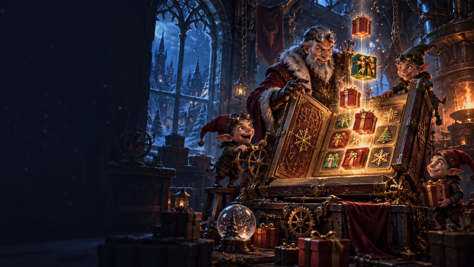 Original gothic winter workshop with an eccentric inventor, three helpers and a mechanical enchanted gift book