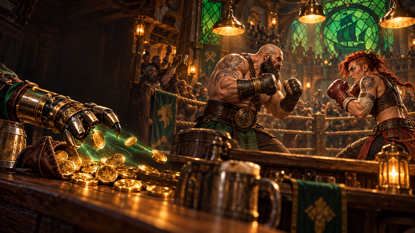 Original fantasy boxing bar with two brawlers and a mechanical collector glove pulling glowing coins