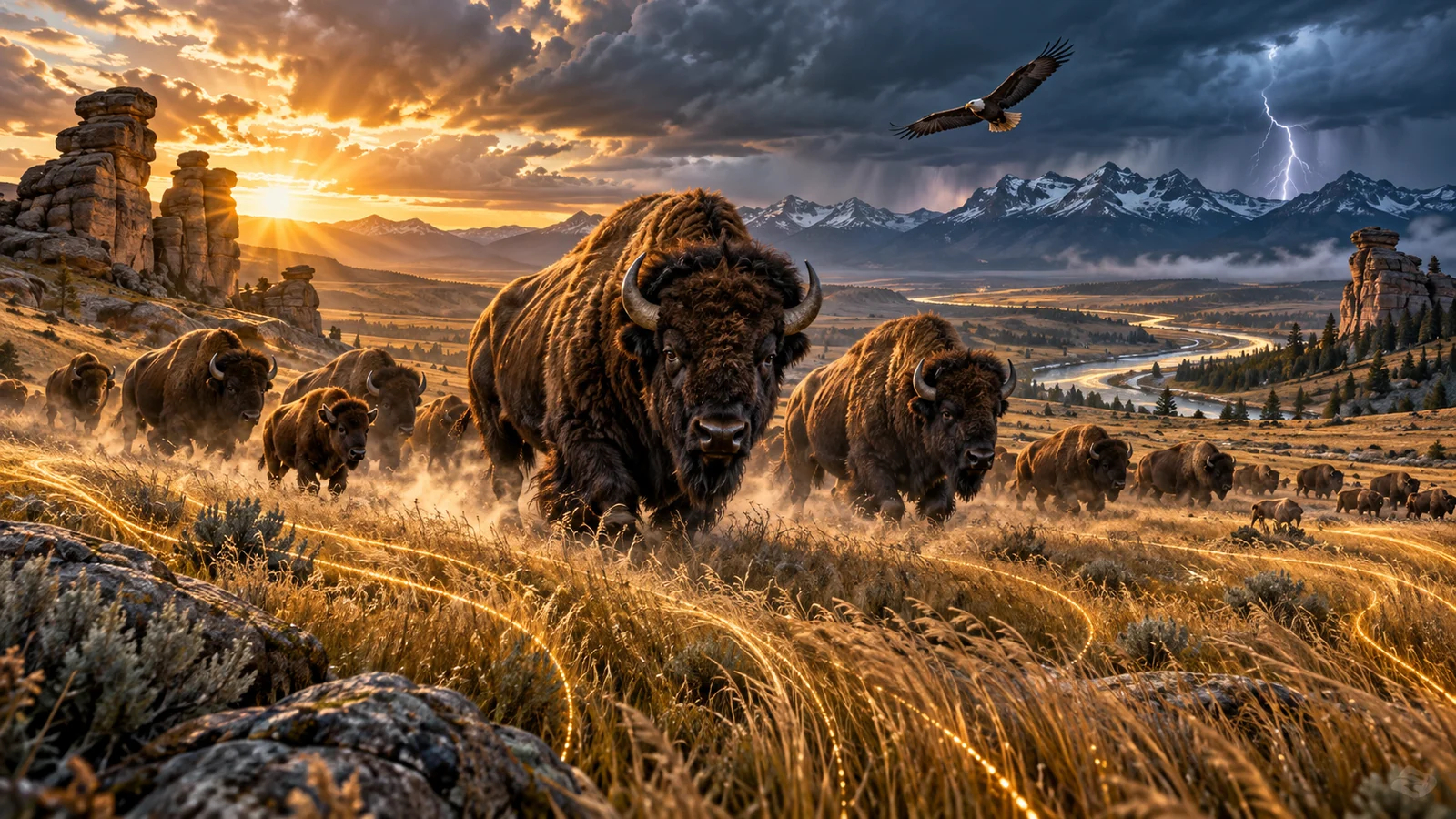 Original editorial artwork of a buffalo herd moving through storm-lit prairie grasslands