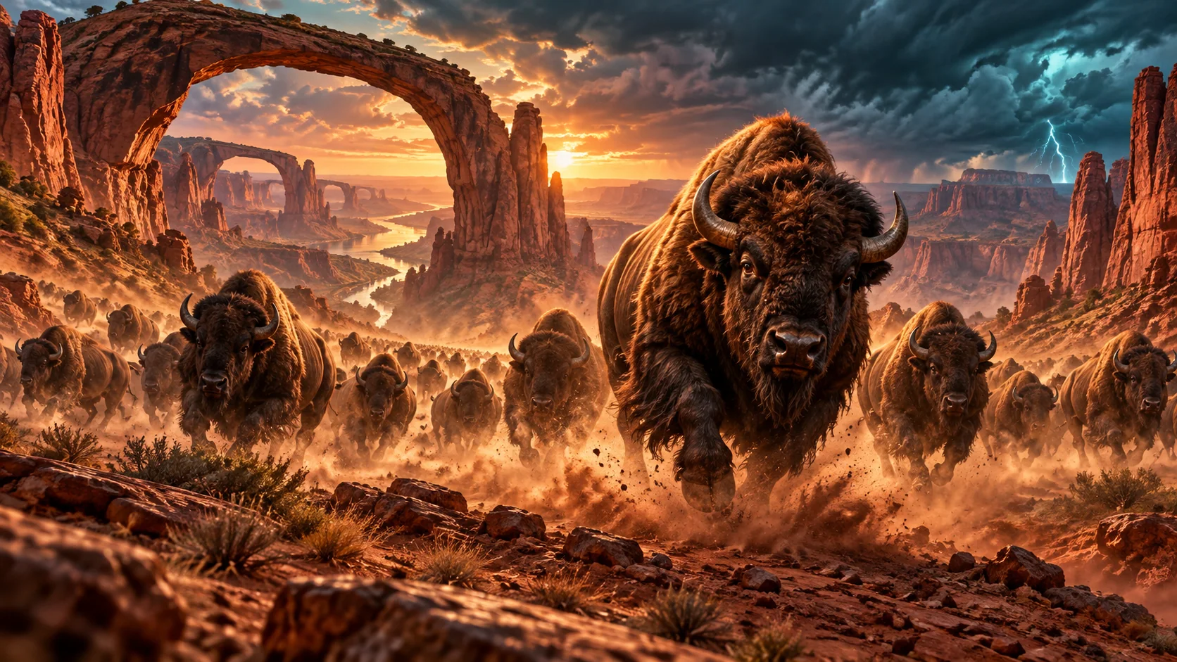 Original editorial artwork of buffalo crossing an endless red-rock canyon under a storm-lit sky