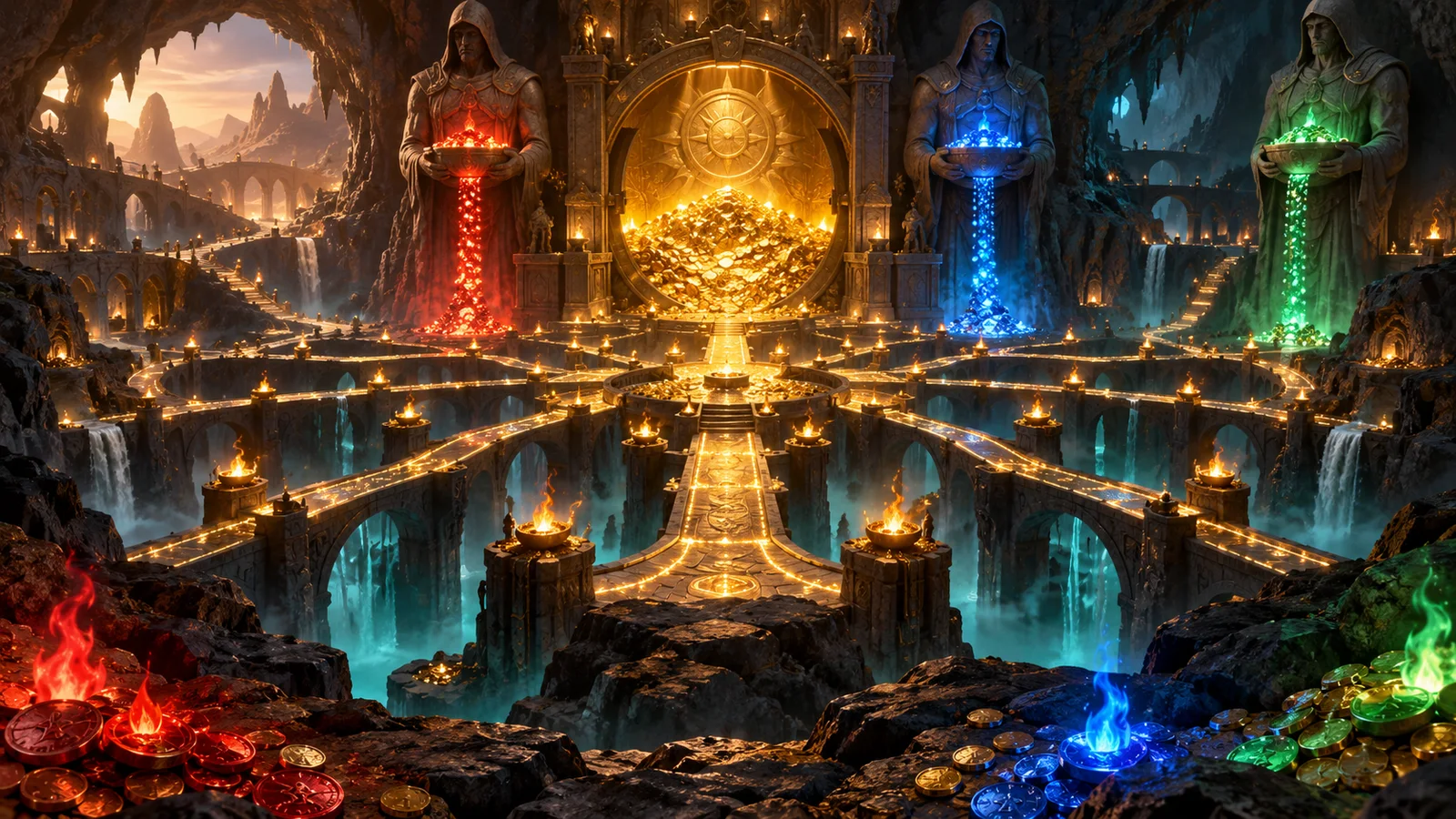 Original fantasy cavern with red blue and green burning coins surrounding a golden vault