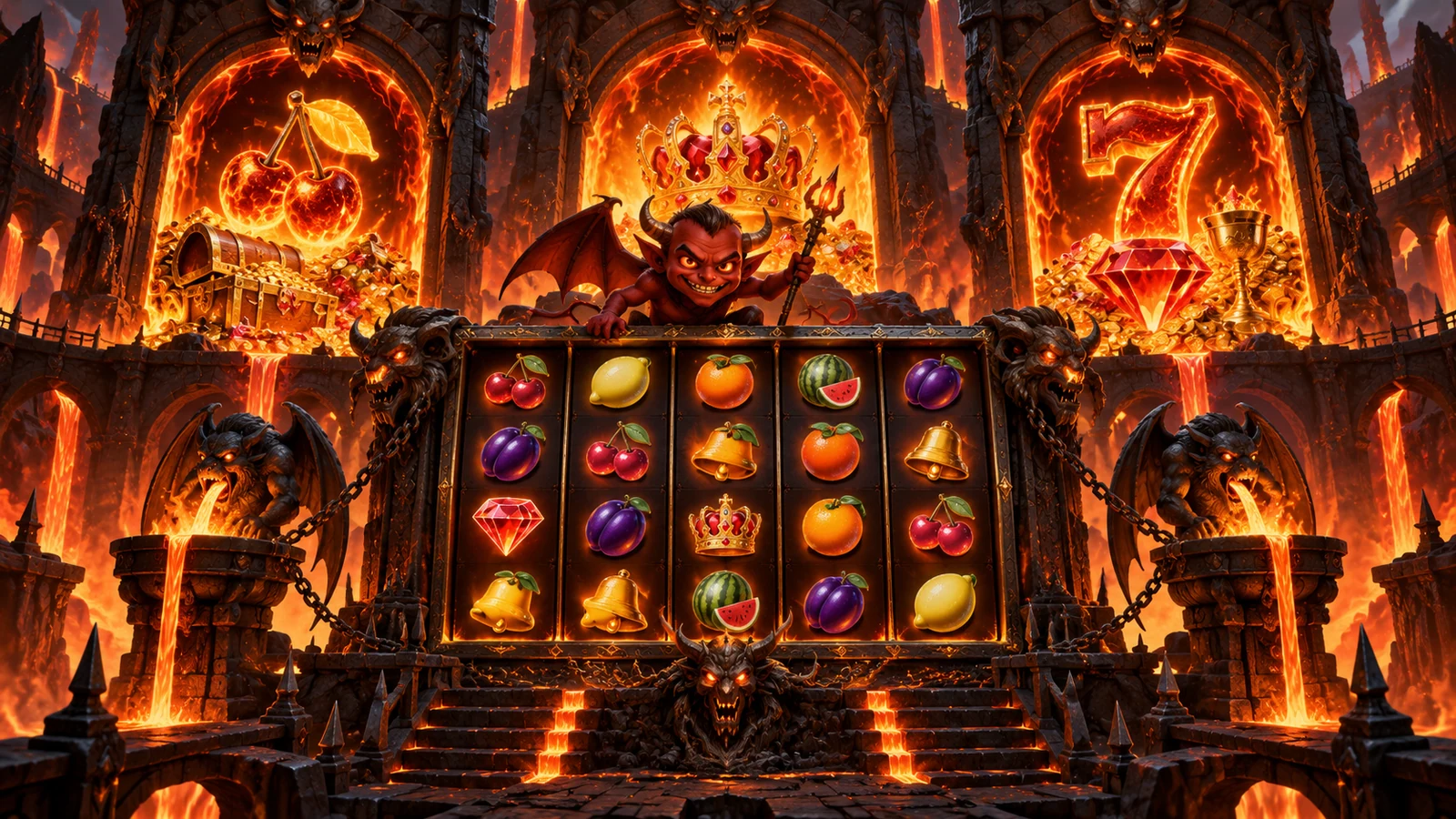 Original dark-fantasy artwork of a small imp above a five-reel altar in a volcanic treasure forge
