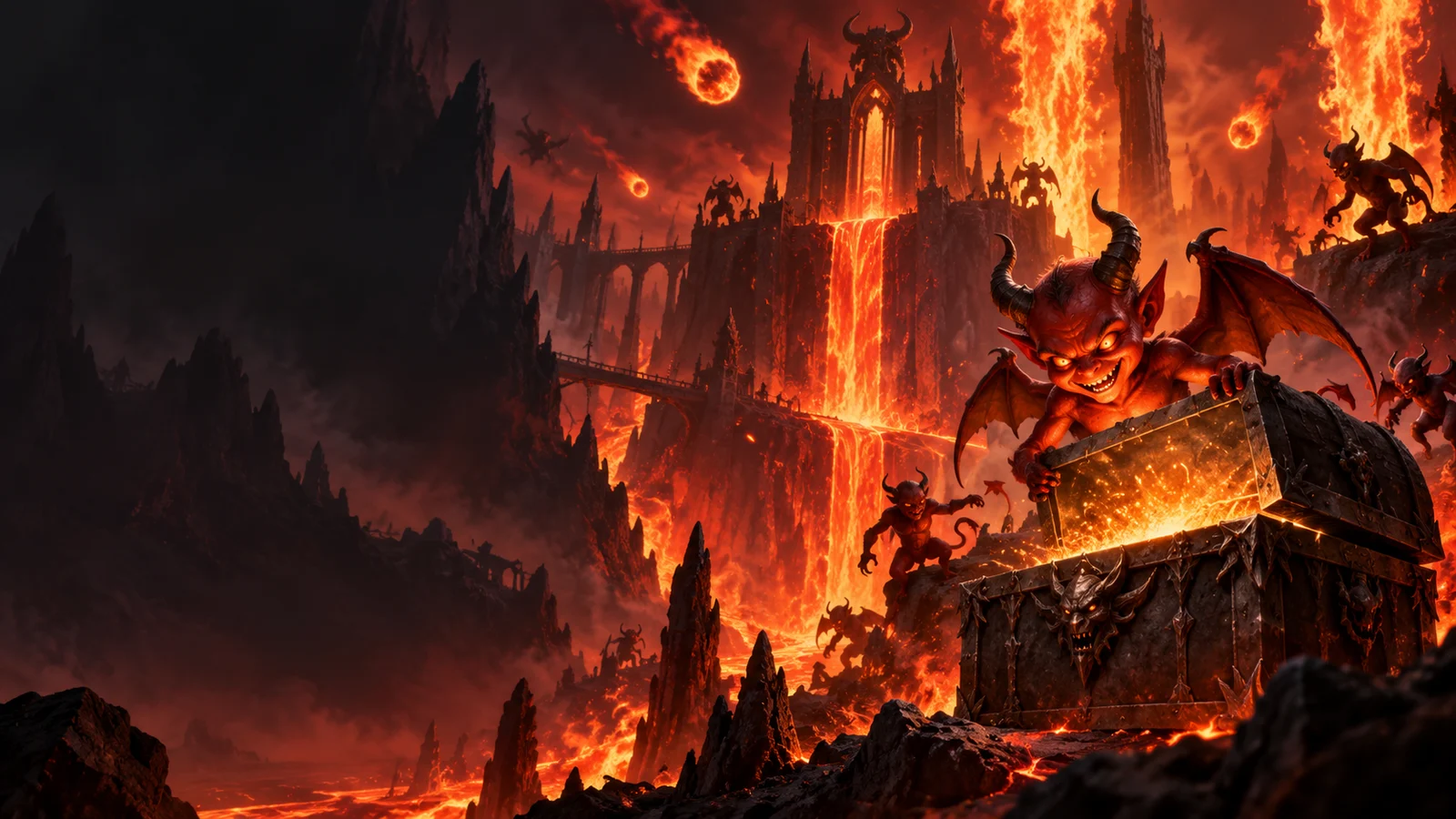 Original artwork of a fiery underworld stage with a playful demon, imps, fireballs and a mystery chest