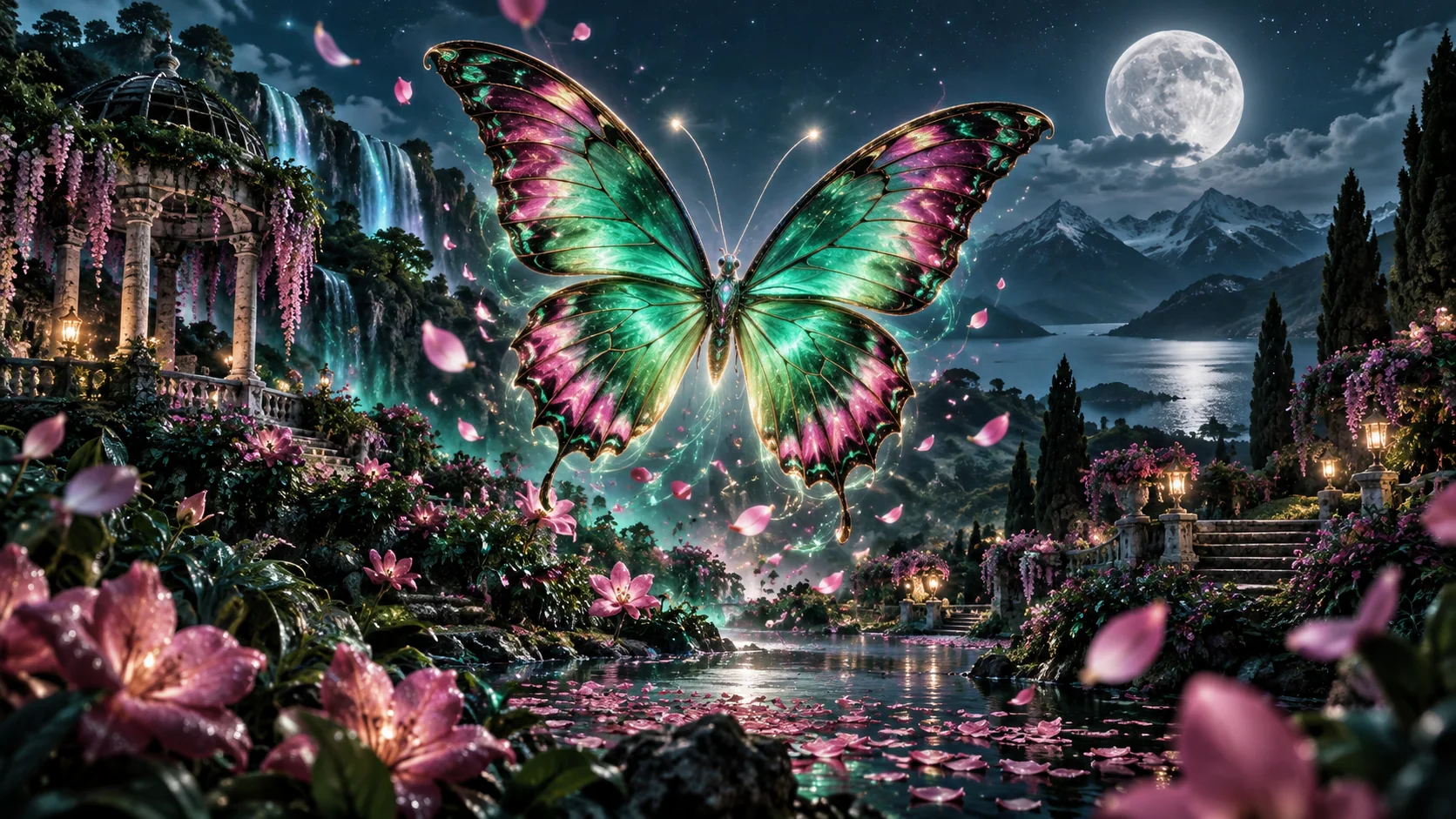 Original editorial artwork of a luminous green and pink butterfly above a moonlit botanical garden
