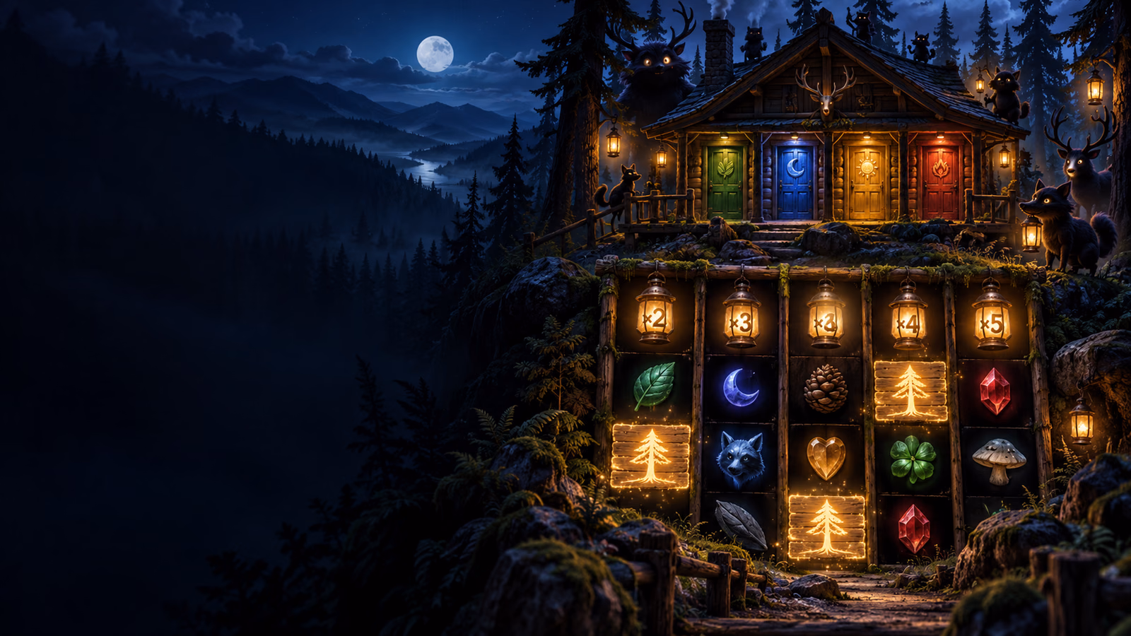 Original moonlit mountain cabin with four coloured volatility doors, multiplier lanterns and sticky luminous reel planks