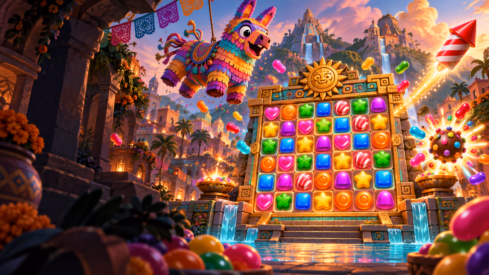 Original colourful candy temple with a seven-by-seven grid, festive piñata and flying power-up sweets