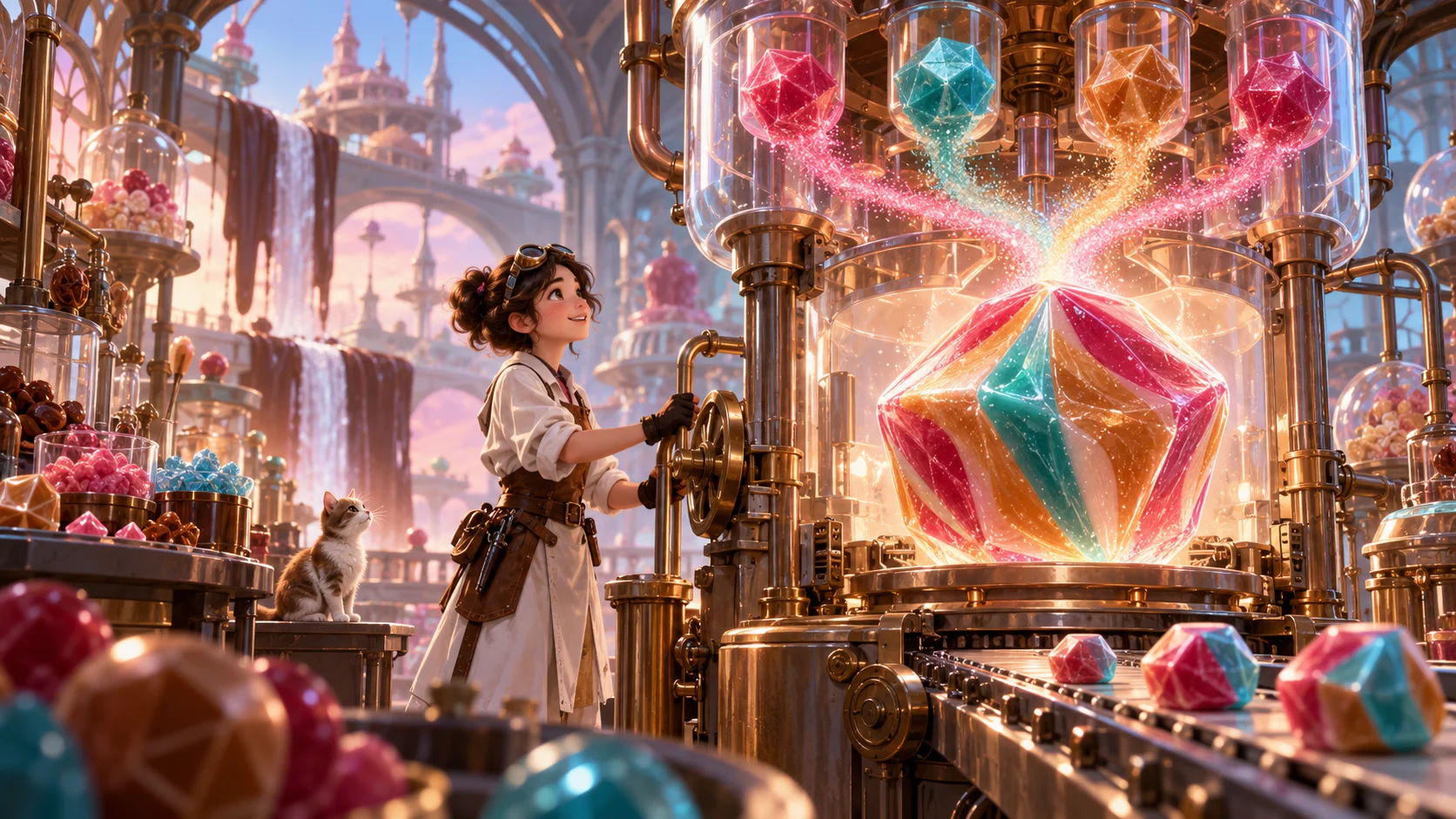 Original editorial artwork of a candy inventor operating a giant capsule machine that merges four sweets