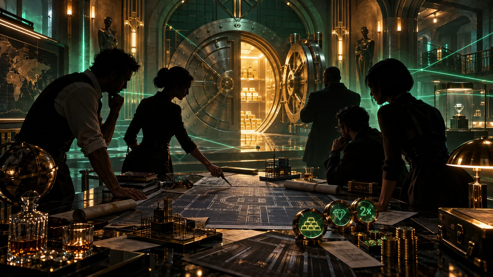 Original editorial artwork of a heist-planning crew studying blueprints before an illuminated art-deco vault