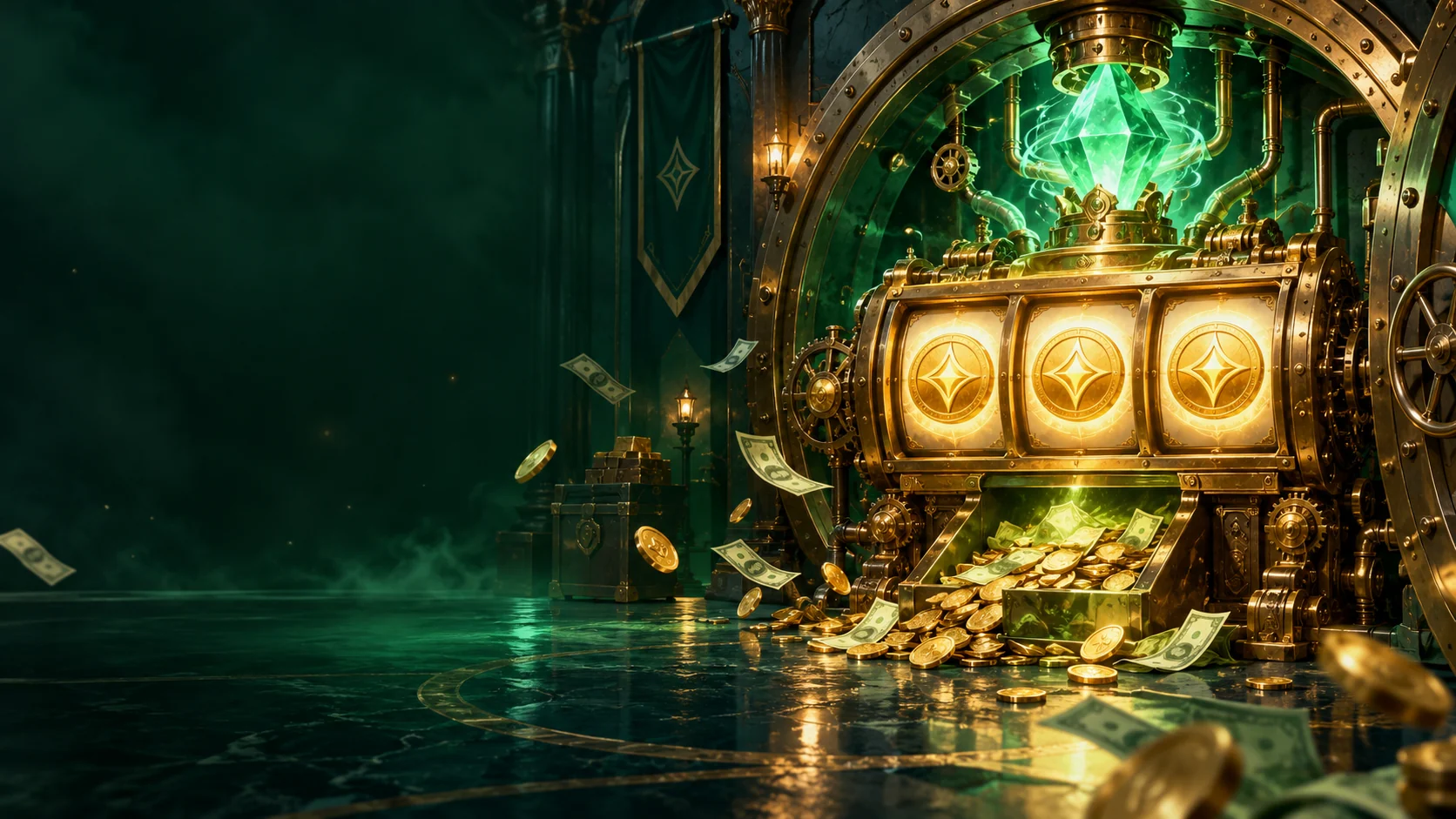 Original editorial artwork of a green crystal powering a three-chamber brass machine inside a fantasy bank vault