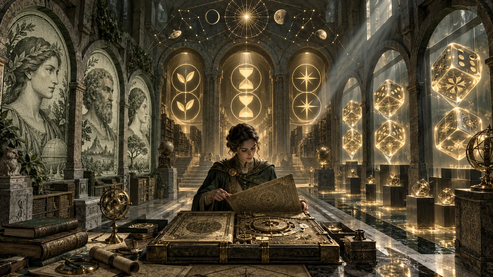 Original editorial artwork of an archivist between engraved portrait halls and translucent golden dice