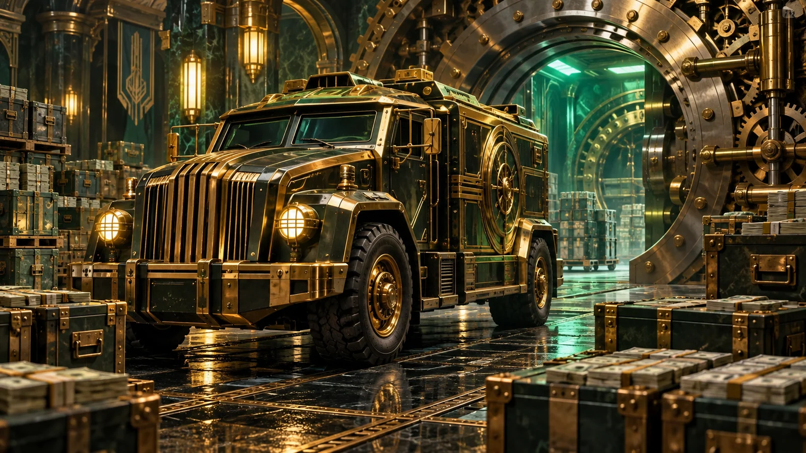 Original editorial artwork of an art-deco armoured treasury vehicle inside a mechanical vault