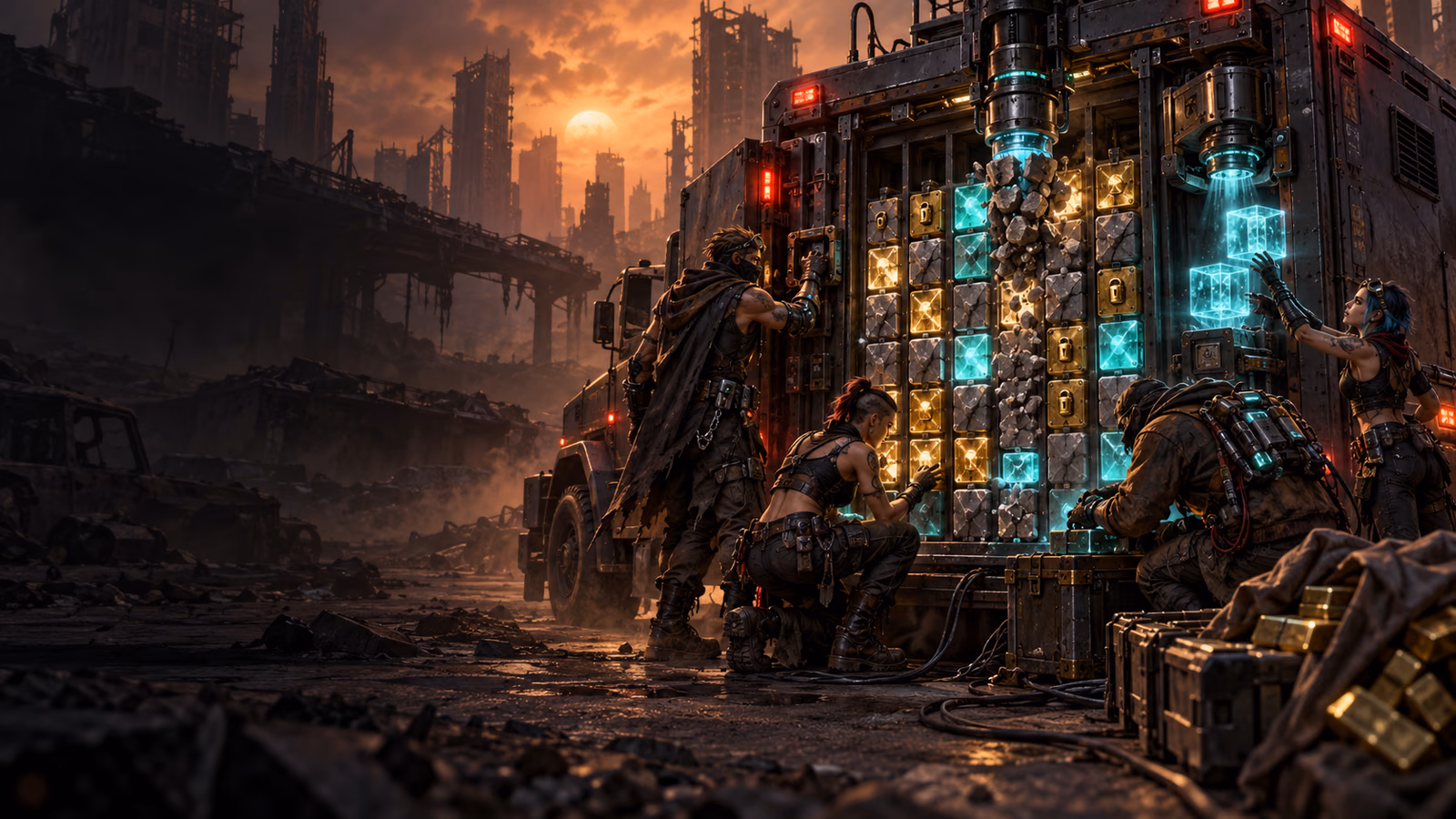 Original post-apocalyptic truck raid with expanding six-column grid, compressor and cloning machinery