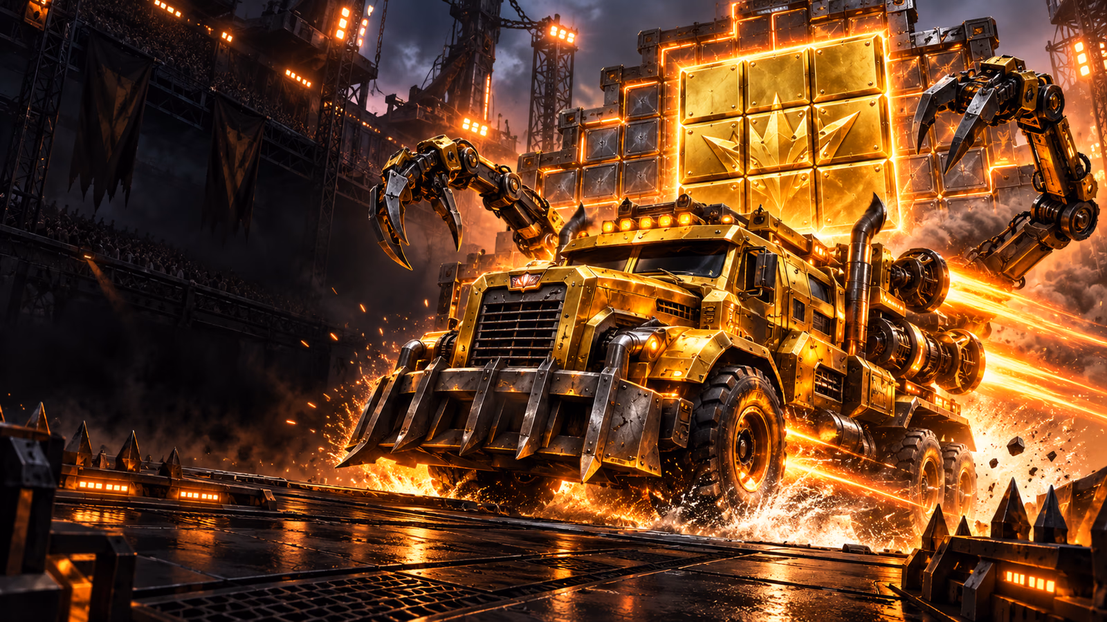 Original turbo armoured cash truck charging through an expanding industrial grid with robotic tools