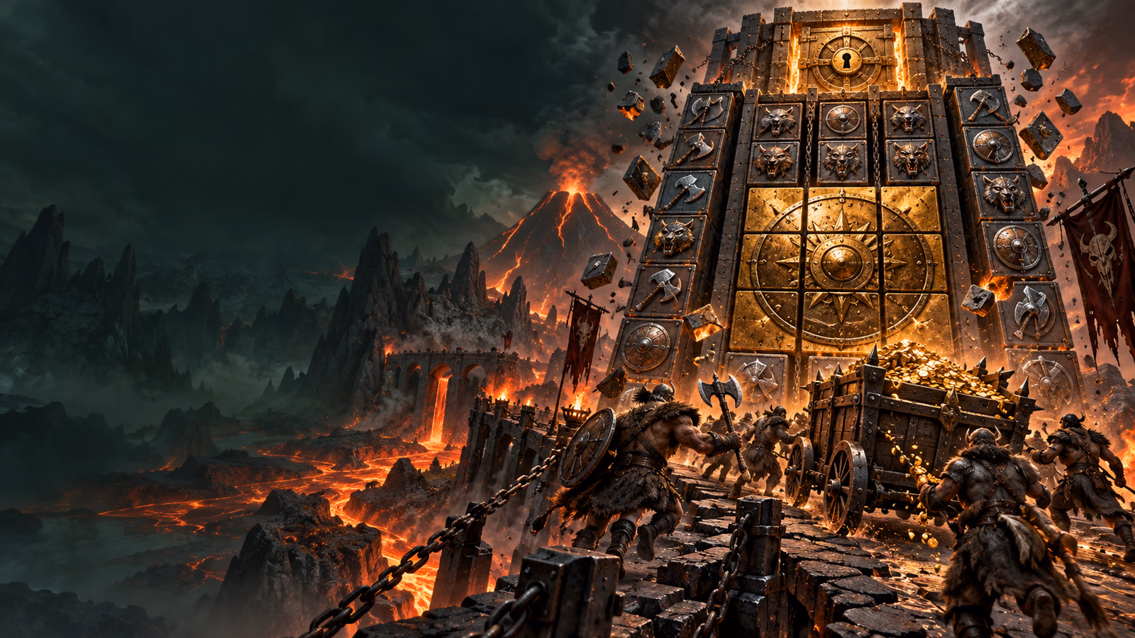Original barbarian gold-wagon raid beside an expanding metal battle grid