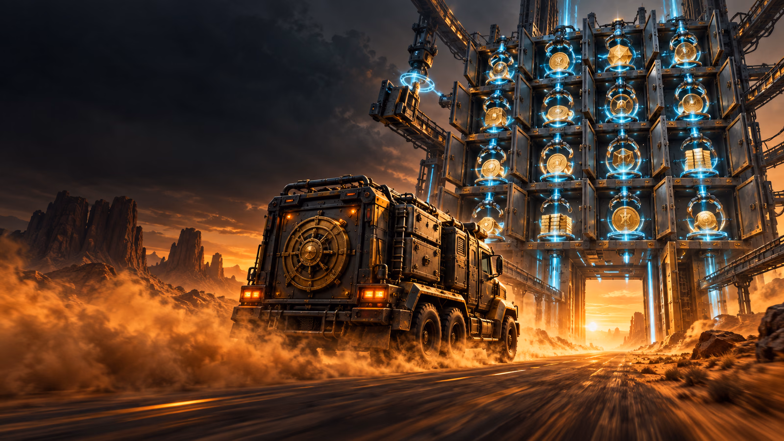 Original armoured desert cash truck approaching an expanding mechanical grid with locked panels and value devices