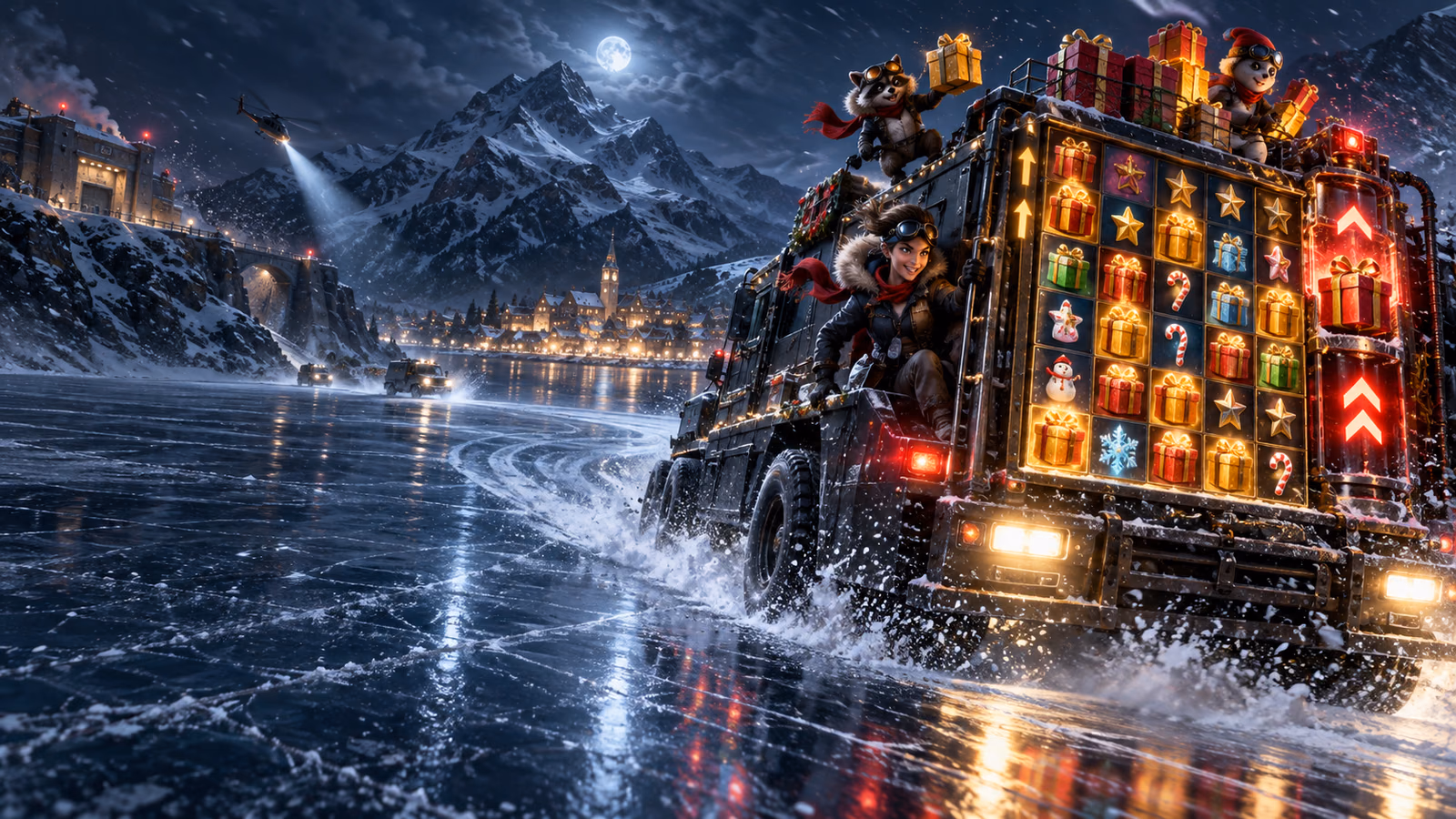 Original winter armoured gift-truck chase with five-column expanding cargo grid and glowing doubler device