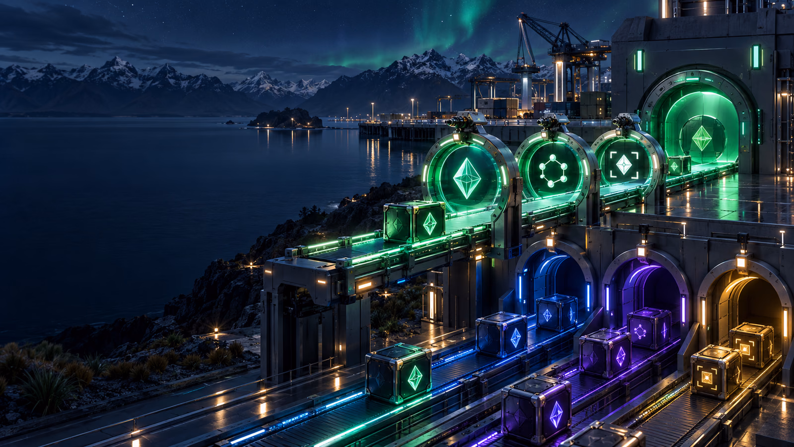 Original New Zealand harbour routing hub with three verification rings and separated blockchain tunnels