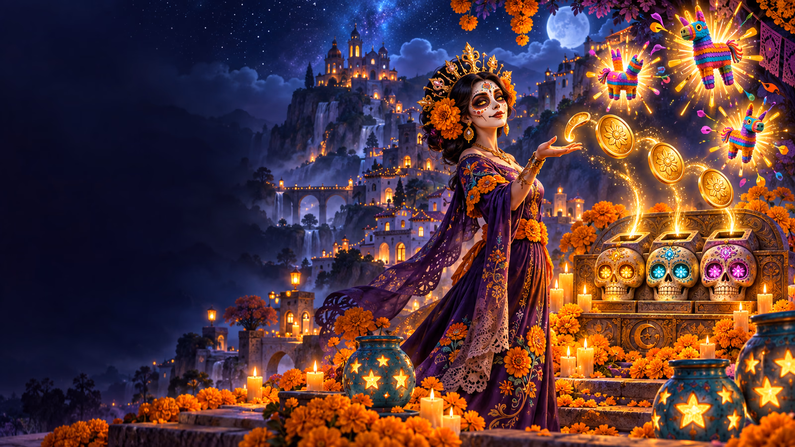 Original celestial Mexican village with an elegant Catrina guardian, luminous coins, star pots and festive piñatas