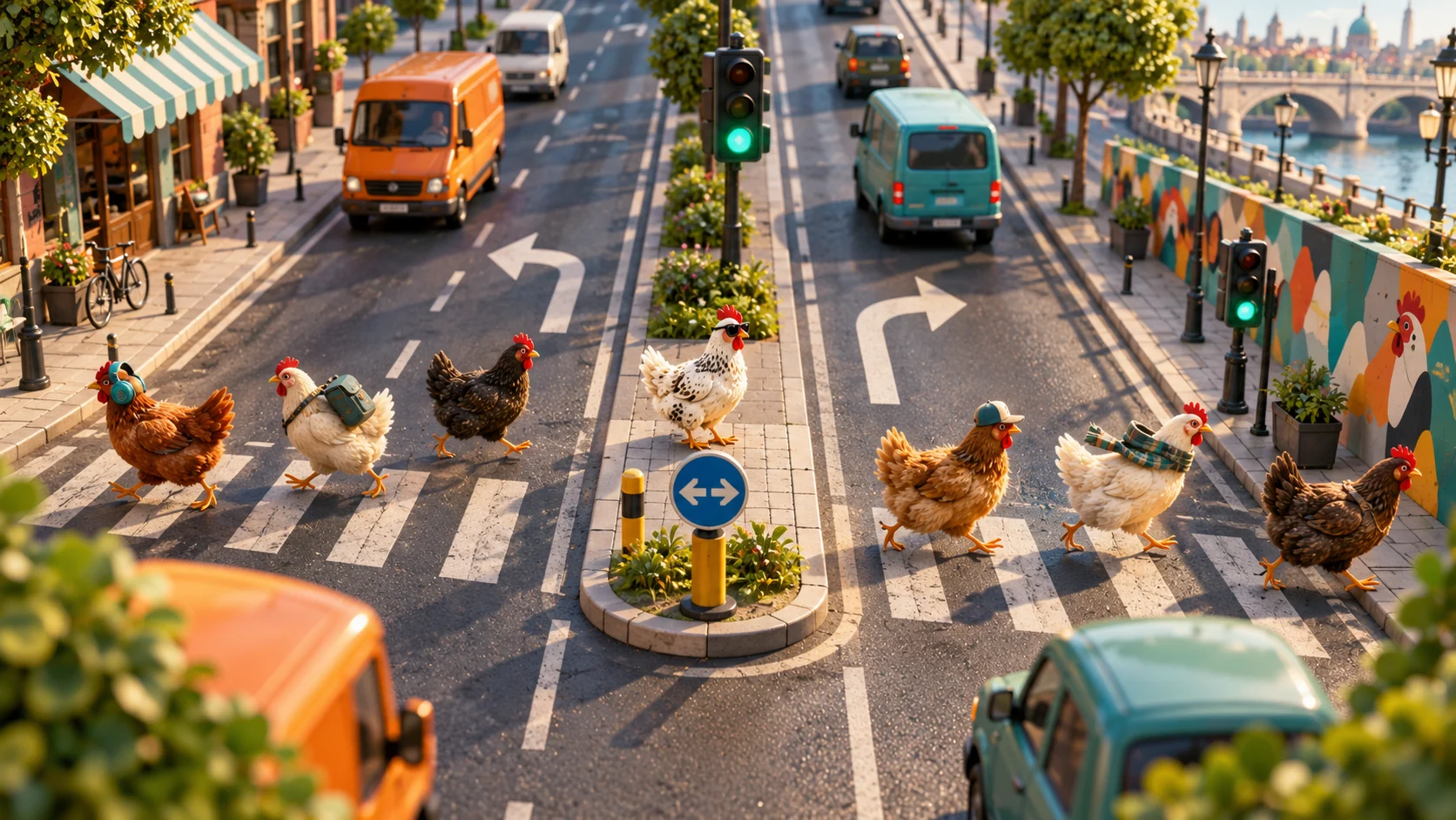 Original editorial artwork of a colourful flock choosing paths across a divided city road