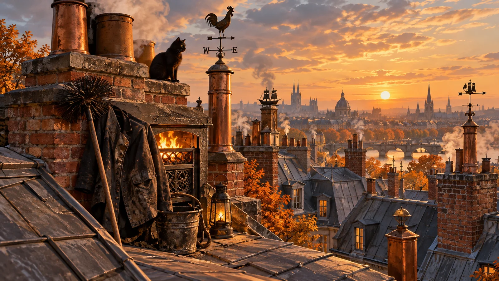 Original editorial artwork of an autumn rooftop with brick chimneys, copper weather vanes, a black cat and chimney-sweeping tools