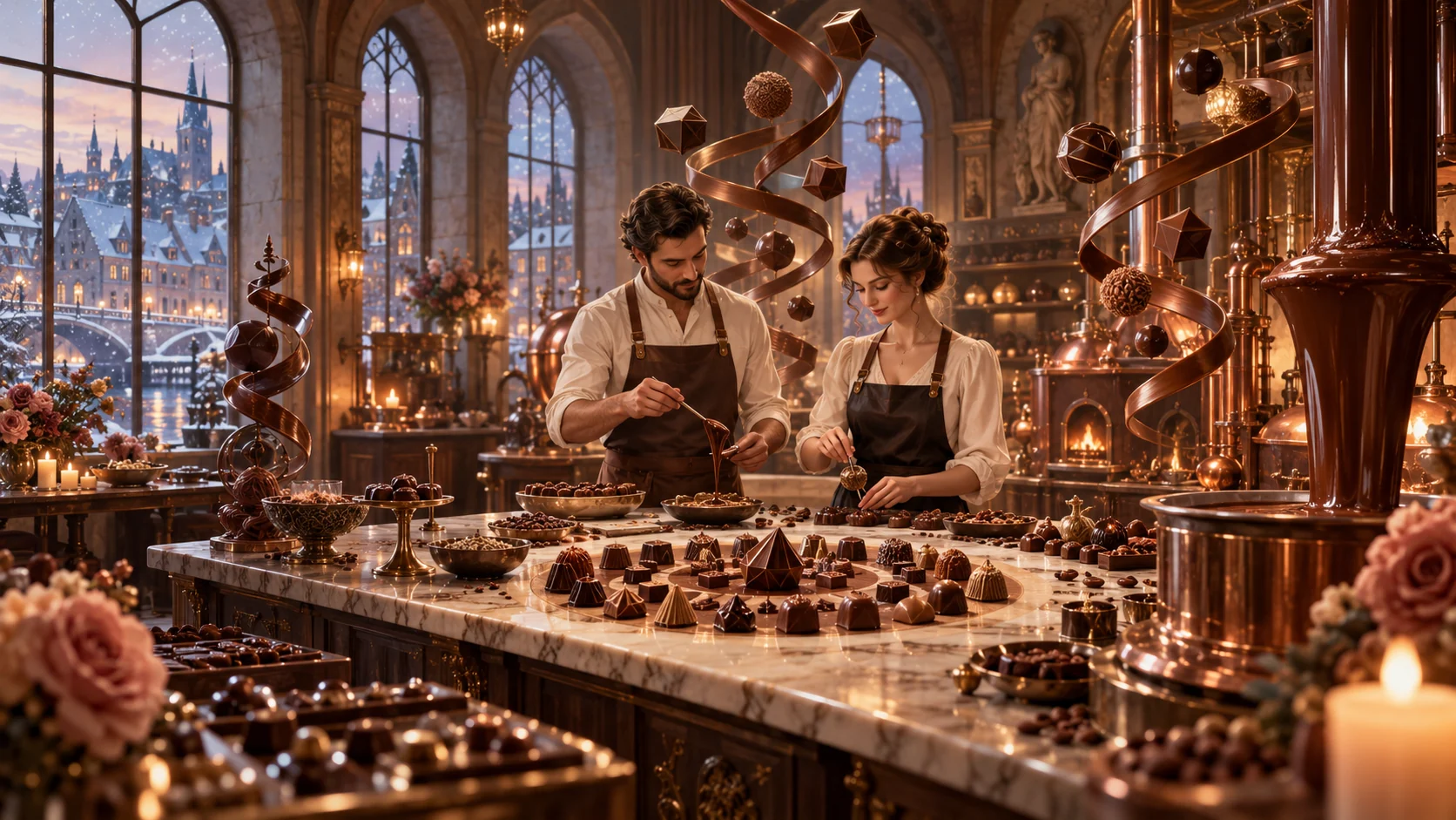 Original editorial artwork of two adult chocolatiers working at a marble table inside a grand copper-filled Belgian atelier