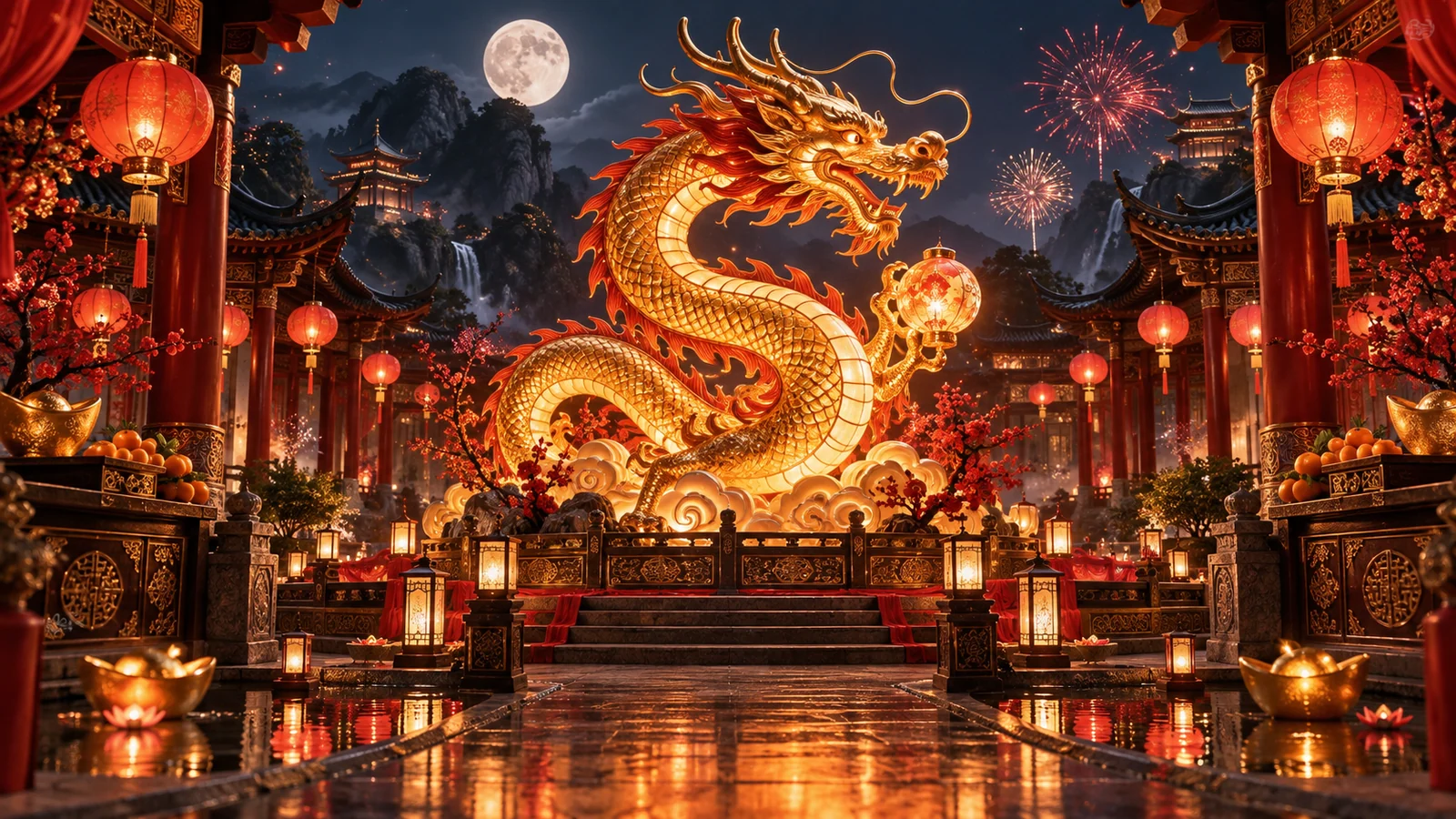 Original editorial artwork of a golden dragon lantern in a moonlit ceremonial courtyard