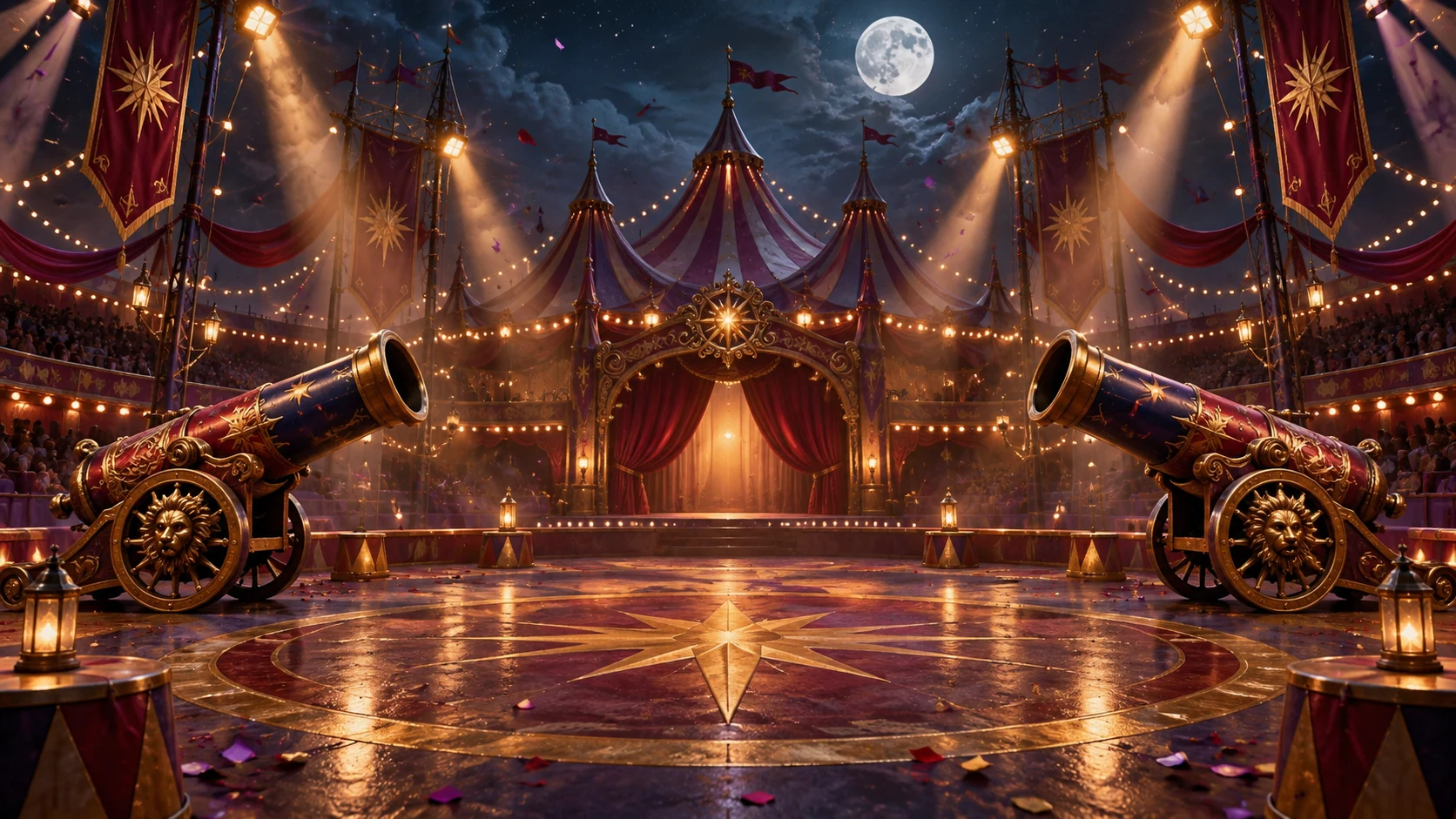 Original editorial artwork of a moonlit circus ring framed by two ornate cannons