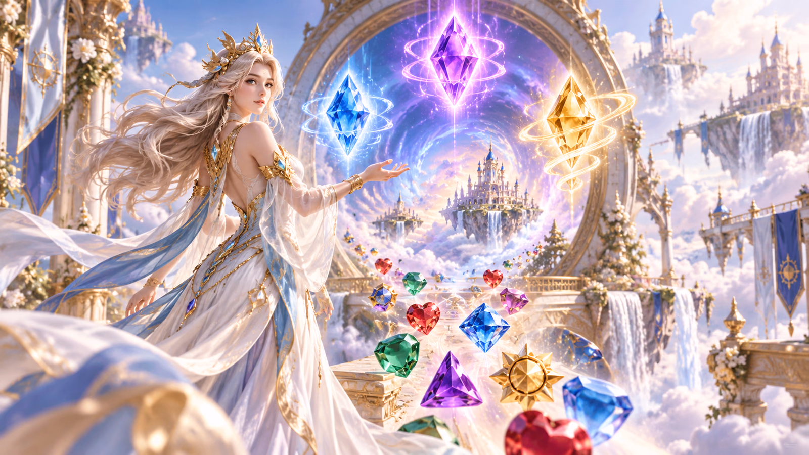 Original sky princess beside three differently glowing multiplier crystals above a floating cloud palace