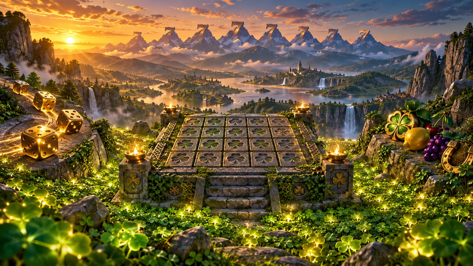 Original sunset valley artwork with a 5-by-5 clover shrine, golden dice and fruit relics