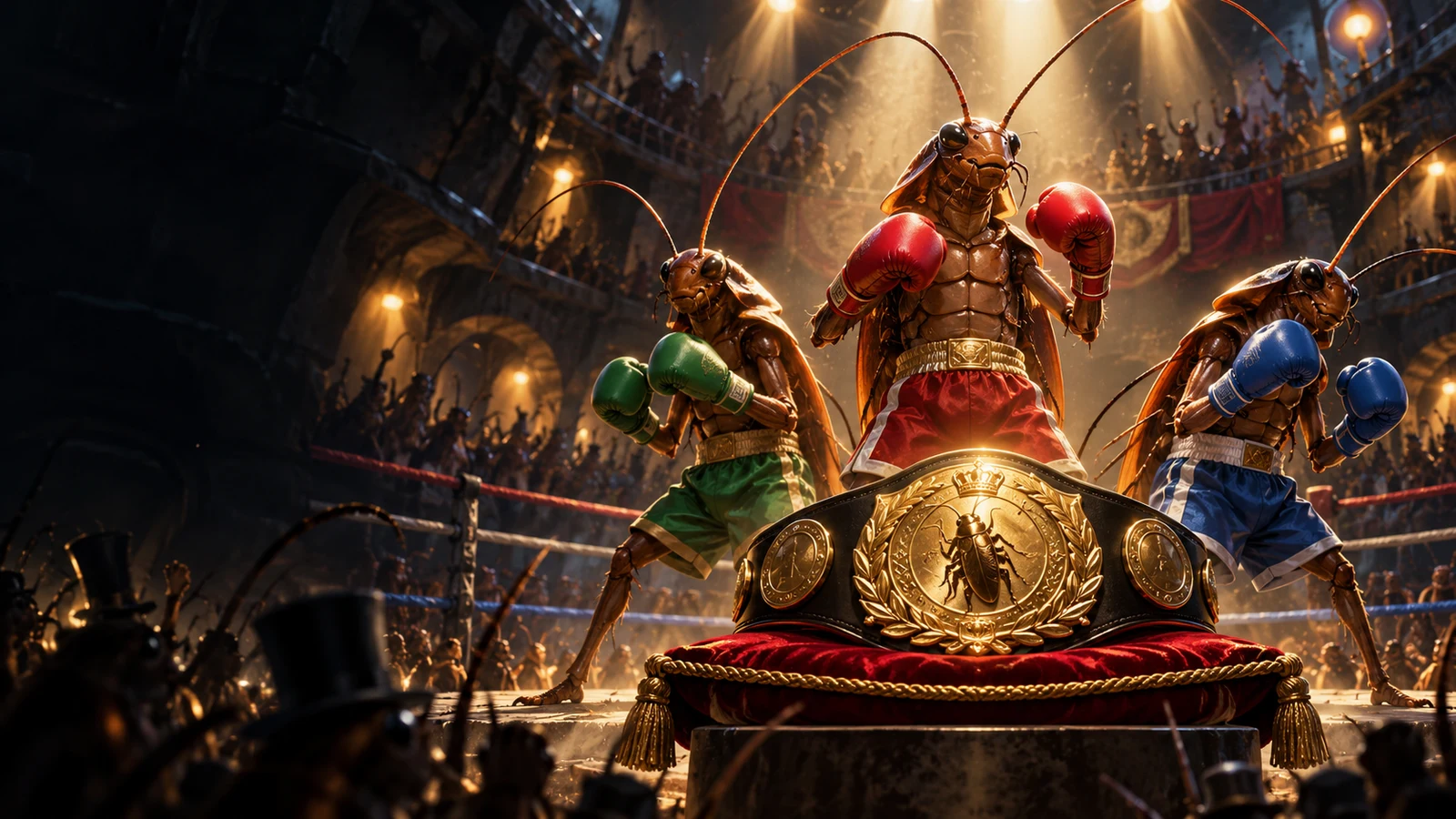 Original cinematic artwork of three stylised cockroach boxers around a championship belt