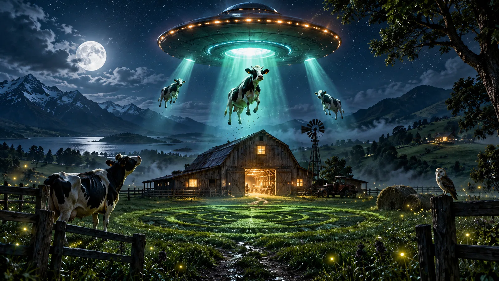 Original editorial artwork of cows levitating above a moonlit farm beneath a flying saucer