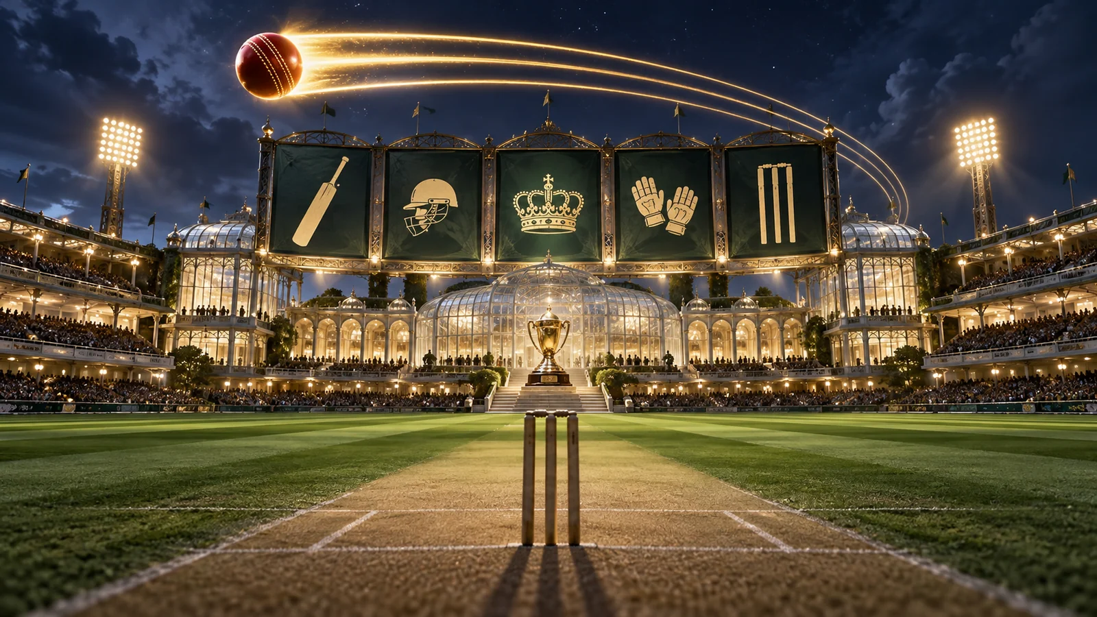 Original editorial artwork of a glowing cricket ball crossing a grand night stadium