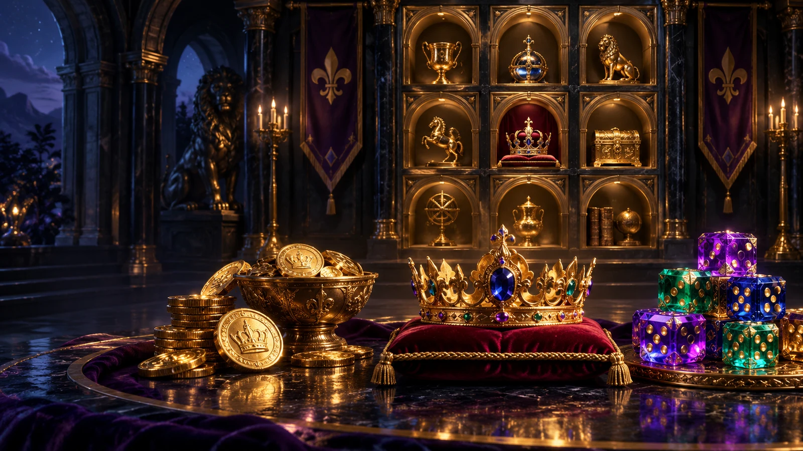 Original royal treasury artwork with gold crown coins and luminous jewel-coloured dice
