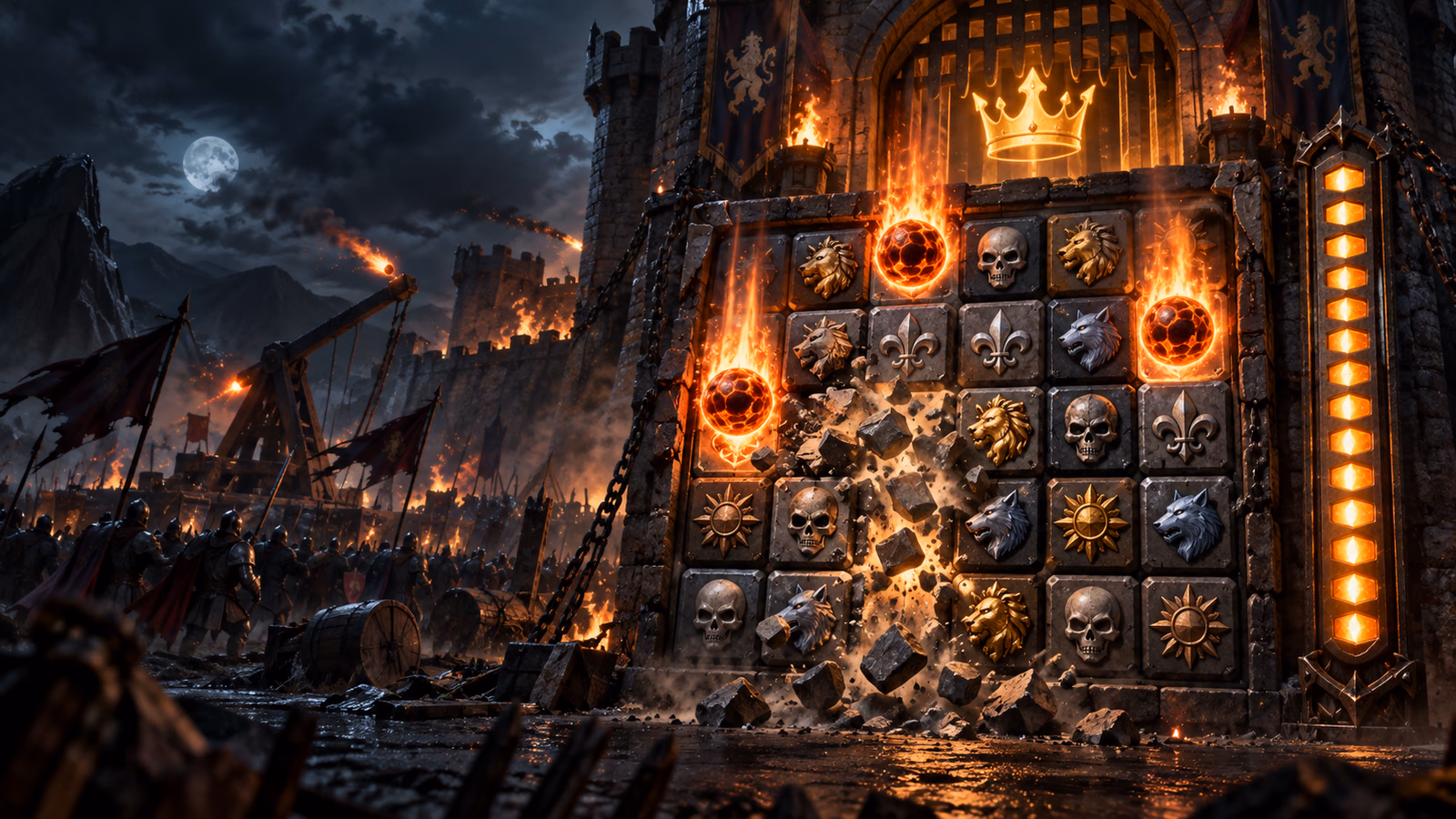 Original medieval siege with a five-by-five cluster wall, tumbling stones, Burning Wild fireballs and crown multiplier