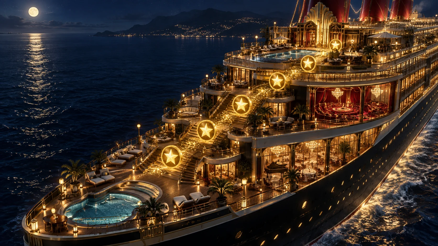 Original editorial artwork of an art-deco cruise liner with luminous tokens travelling diagonally across tiered decks