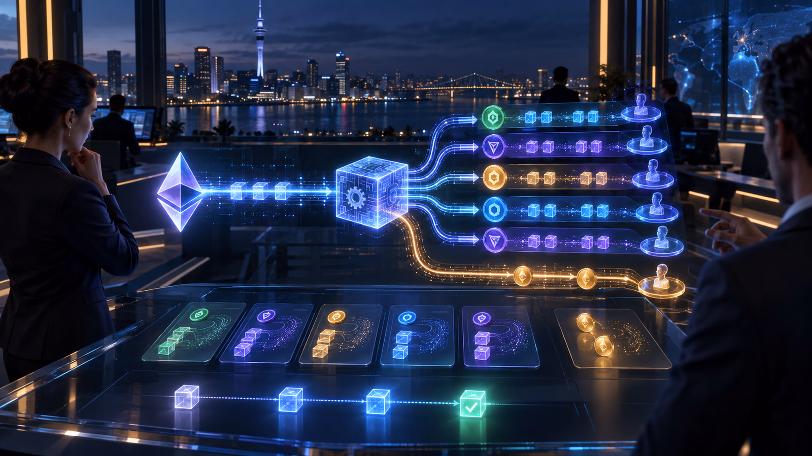 Original Auckland operations room with one blockchain transaction branching into multiple recipient lanes