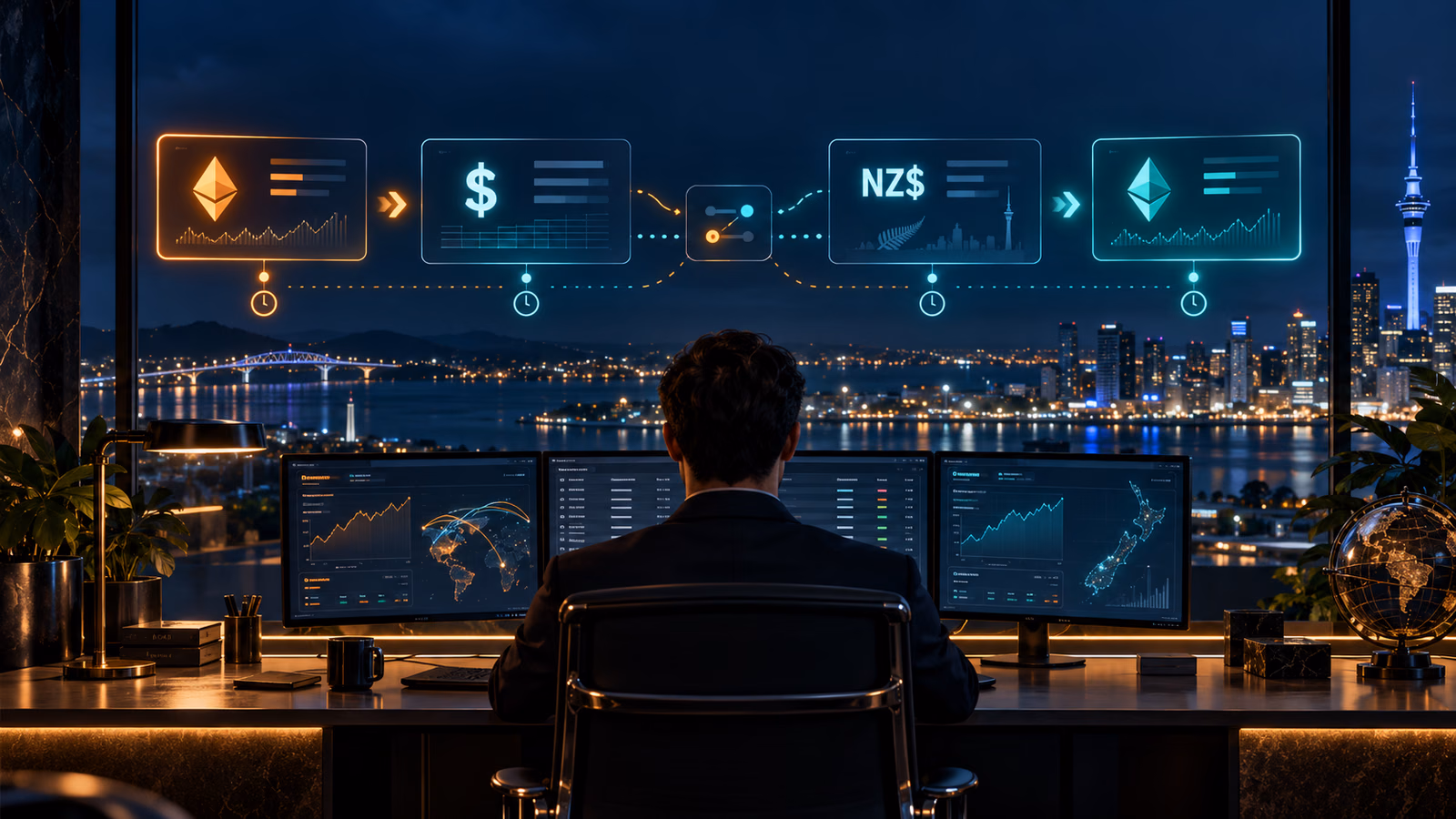 Original Auckland operations desk visualising a crypto deposit quote, internal dollar-equivalent balance, NZD display and crypto withdrawal quote