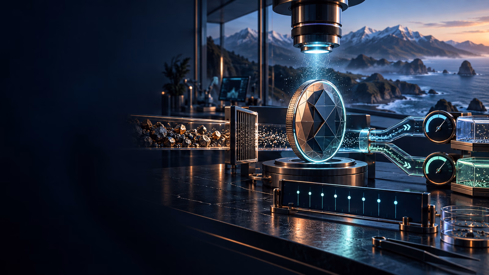 Original crypto precision laboratory with token microscope, dust particles, threshold gate and fee gauges