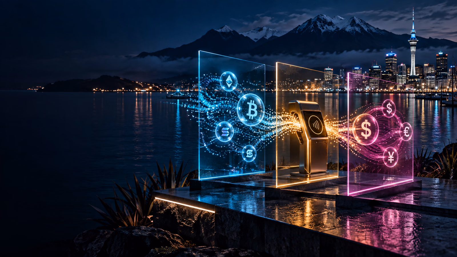 Original New Zealand night-harbour payment laboratory with separate network, cashier and conversion channels