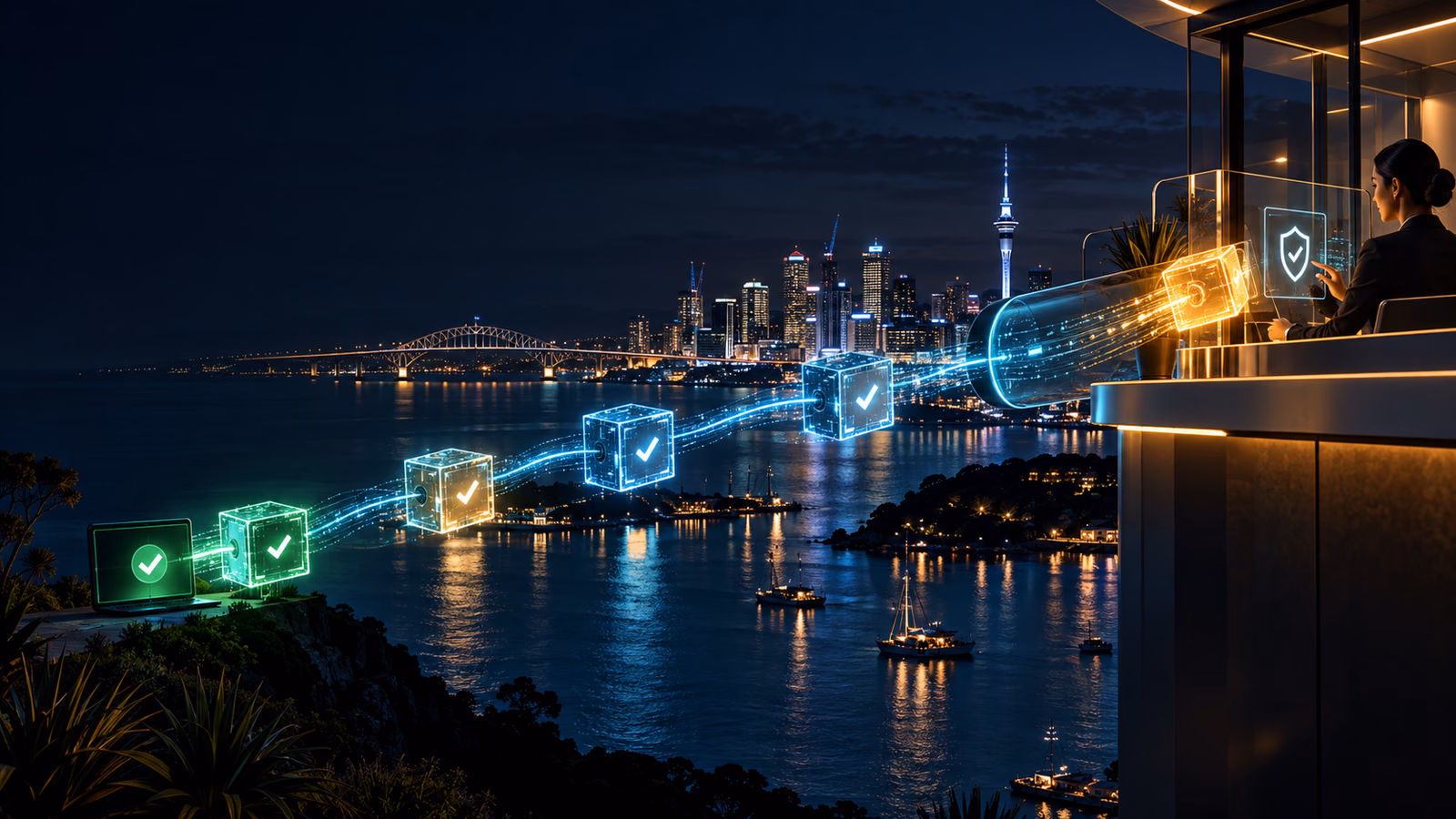 Original Auckland harbour transaction route showing approval, broadcast, confirmation blocks and final credit