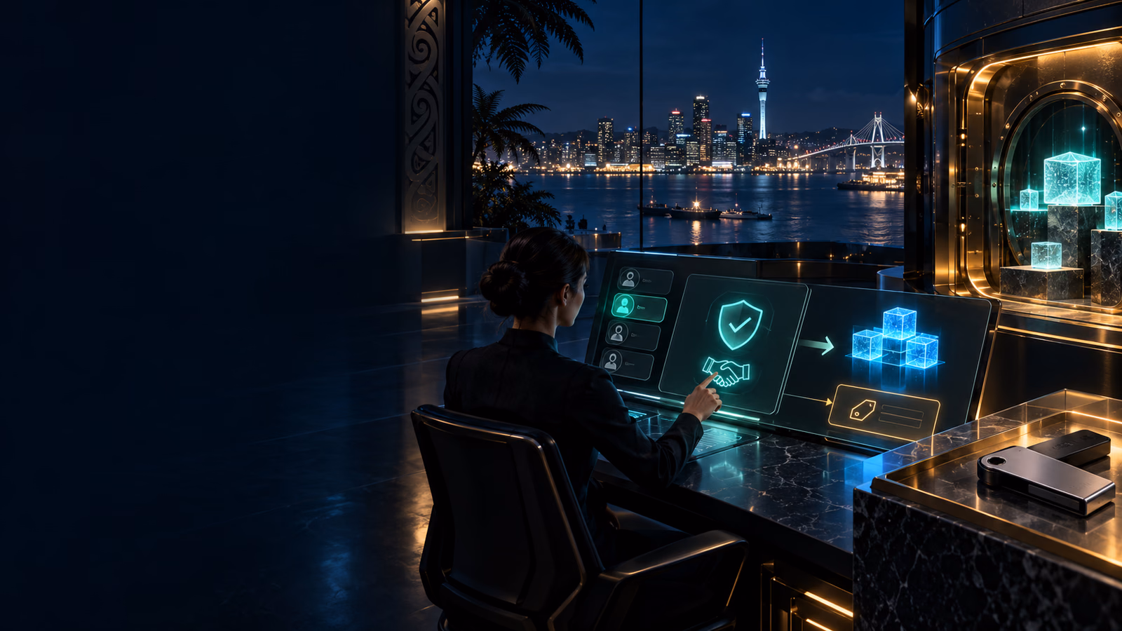 Original Auckland crypto security desk with hardware wallet vault, destination blocks, memo token and allowlist gate