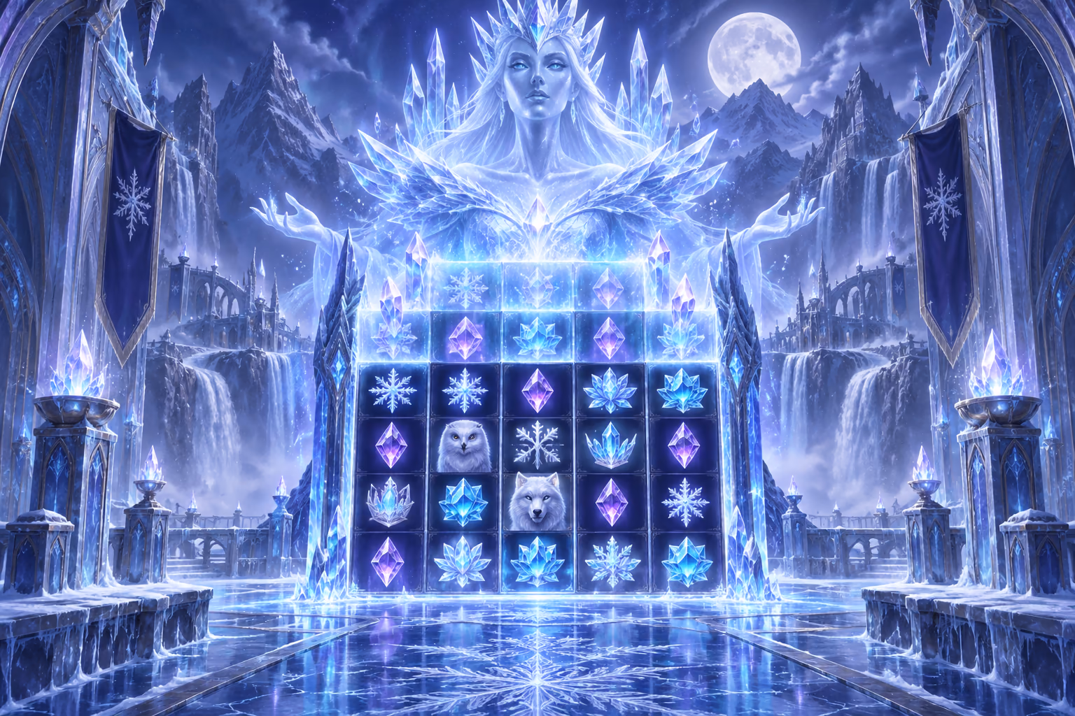 Original frozen palace with a crystal queen of light behind a five-reel board expanding upward to six rows