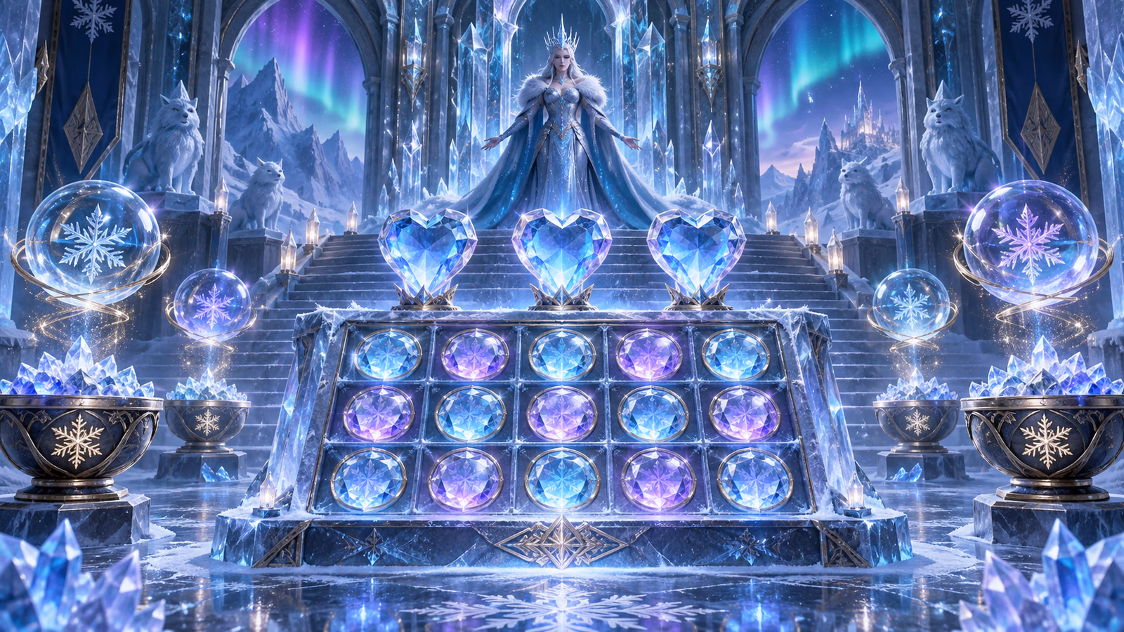 Original frozen palace with a three-by-five crystal grid, multiplier orbs and three life crystals