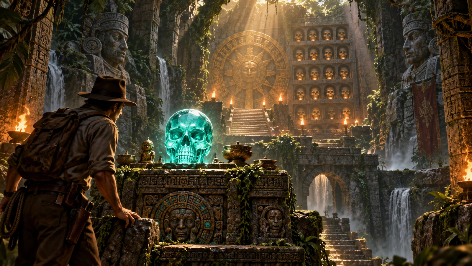 Original editorial artwork of an explorer facing a luminous crystal skull in an ancient temple